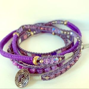 Purple leather & fabric beaded wrap bracelet